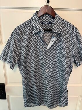 Stone Rose Navy and White Geometric Short-Sleeve Button Shirt